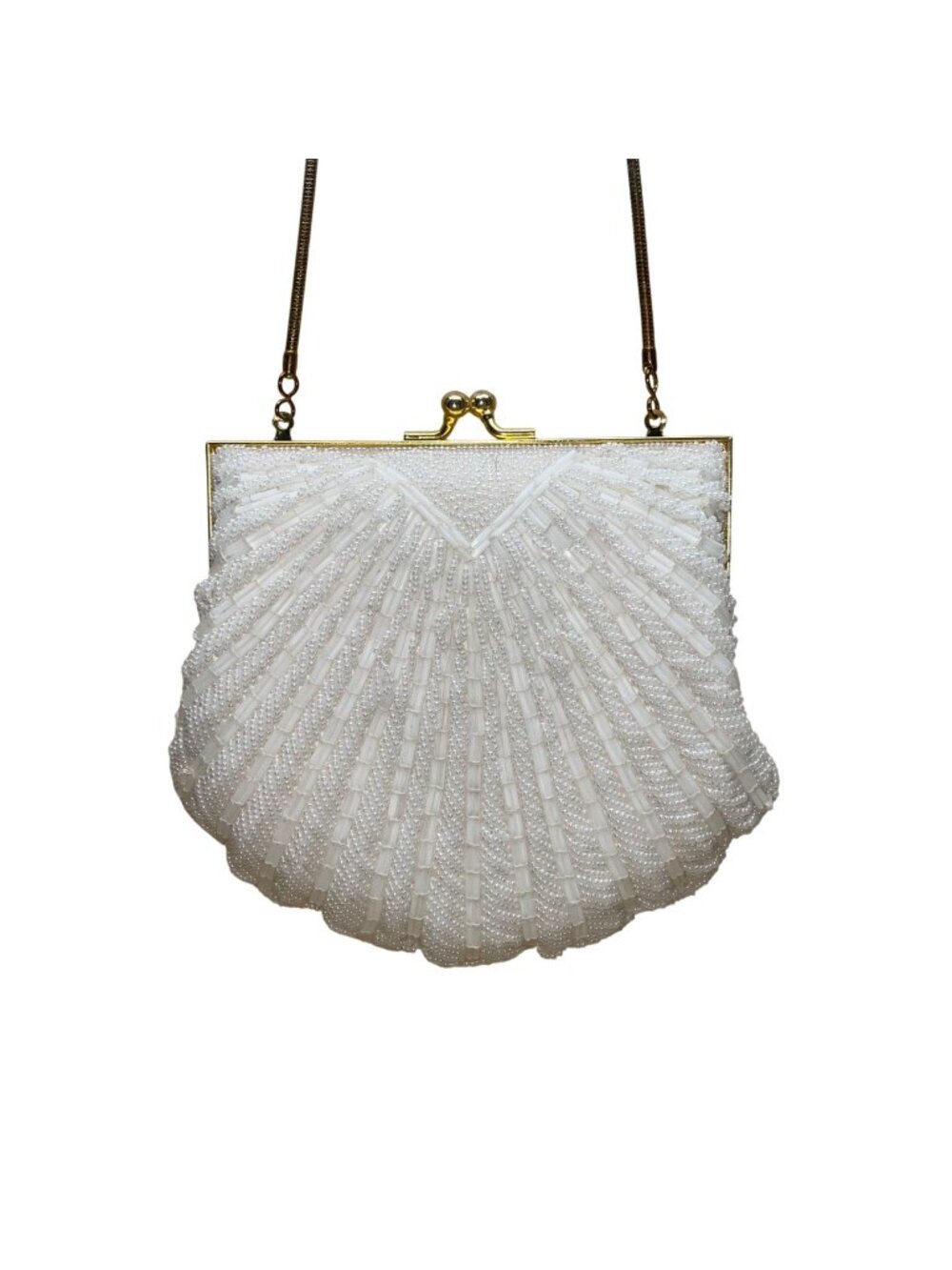 Lindsay Blake Women’s White Beaded Shell Evening Bag With Gold Chain Strap